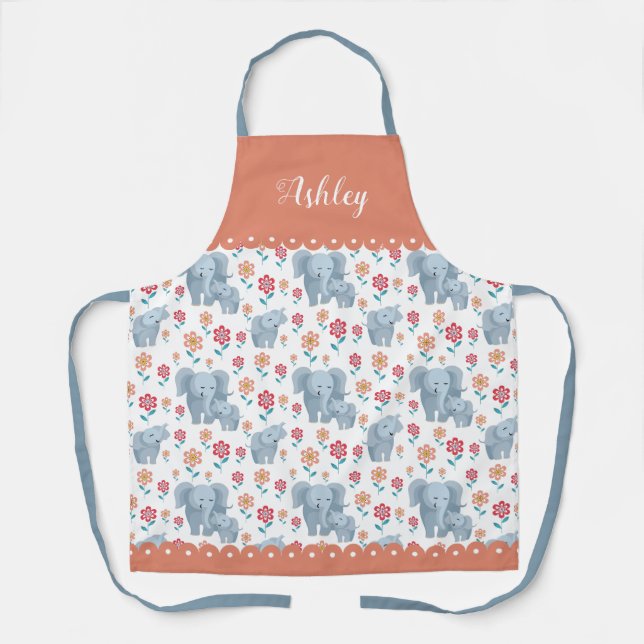 Tablier Eléphante mère avec bébé, fleurs motif, frontière (Recto)