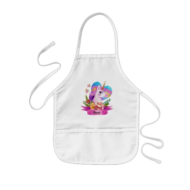 Tablier Enfant Aquarelle Cute Unicorn Coeur Nom personnalisé (Devant)