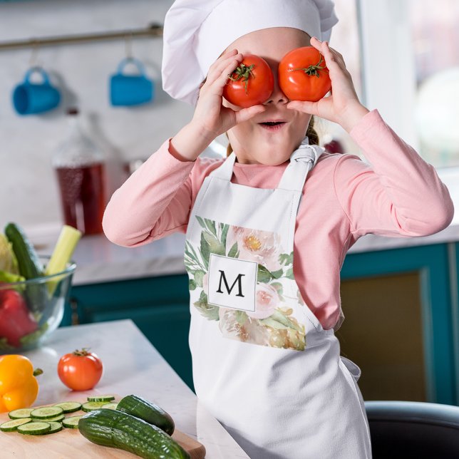 Tablier Enfant Aquarelle moderne Fleurs roses Monogrammes (Créateur téléchargé)