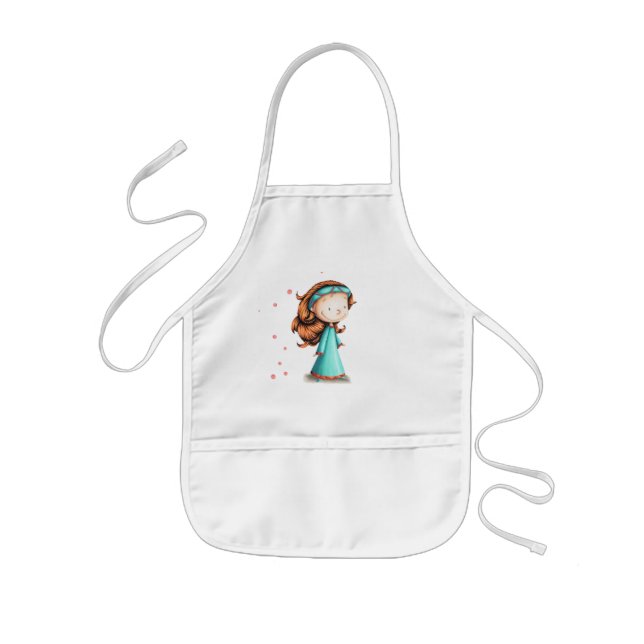 Tablier Enfant Cheveux rouge fille avec robe turquoise (Devant)