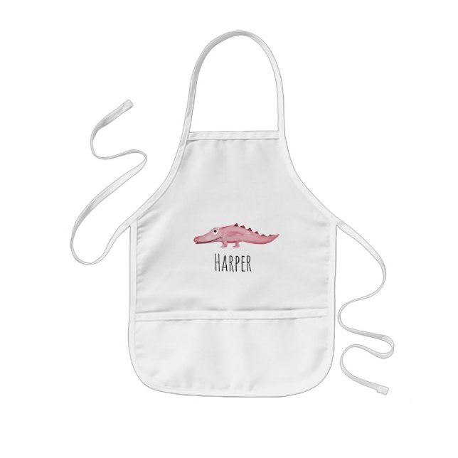 Tablier Enfant Cute Girl's Pink Aquarelle Crocodile Safari Nom (Devant)