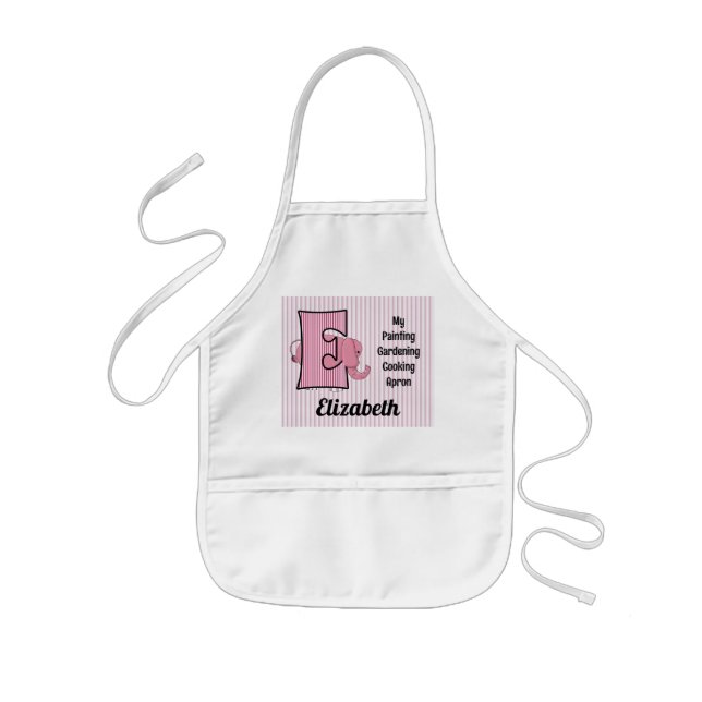 Tablier Enfant Enfant Eléphant Rose Monogrammé E (Devant)