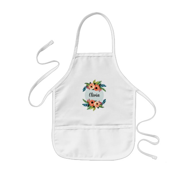 Tablier Enfant Filles Elégant Floral Aquarelle Fleurs et nom (Devant)