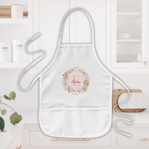 Tablier Enfant Fleurs de rose rose blush aquarelle à monogramme f