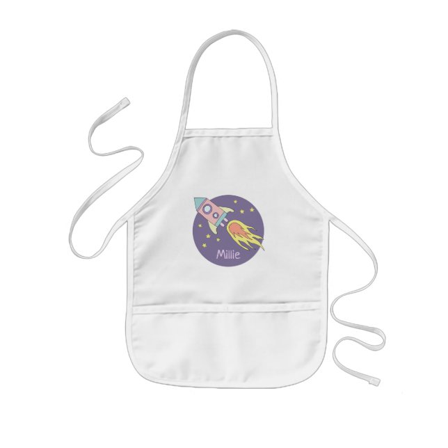 Tablier Enfant Girl's Pink Rocket Ship Space Galaxy et nom (Devant)