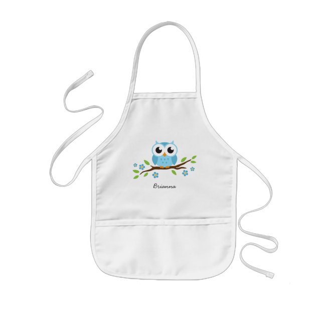 Tablier Enfant Le hibou bleu sur la branche avec des fleurs a (Devant)