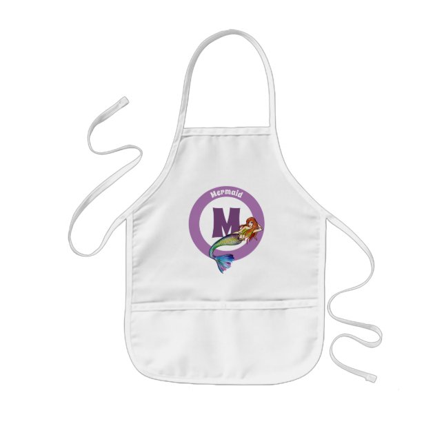 Tablier Enfant Nom du monogramme Sirène arc-en-ciel avec cheveux  (Devant)