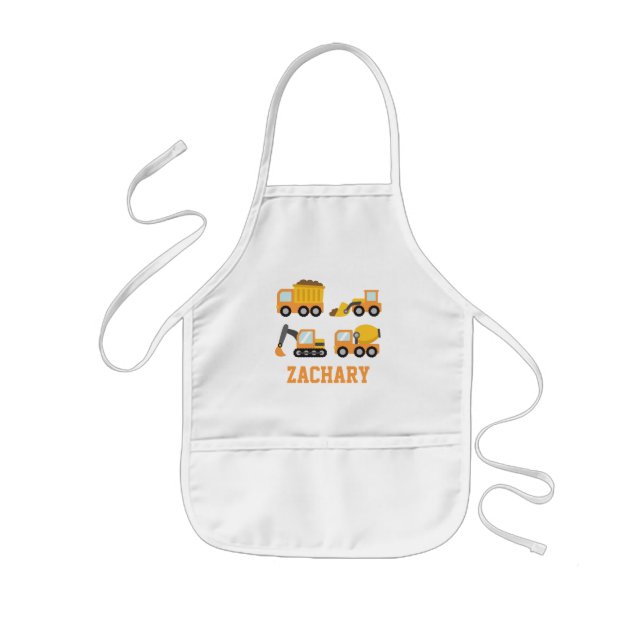 Tablier Enfant Orange Construction Véhicules et Camions, Nom des  (Devant)