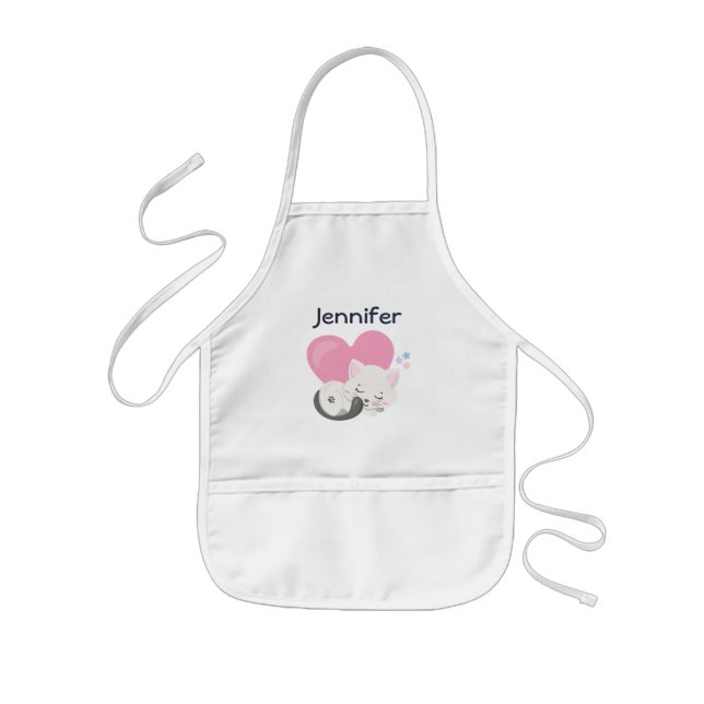 Tablier Enfant Sweet Kitty Chat Dormir avec un grand coeur rose (Devant)