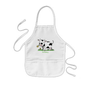 Tablier Enfant Vache mignonne en vert dessin animé sur le terrain