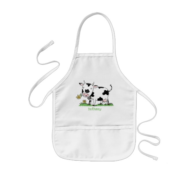 Tablier Enfant Vache mignonne en vert dessin animé sur le terrain (Devant)