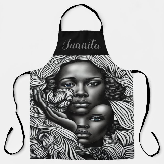 Tablier Femmes afro-américaines Abstraites noires et blanc (Recto)