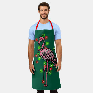 Tablier Festive holiday pink flamingo, red green twinkle