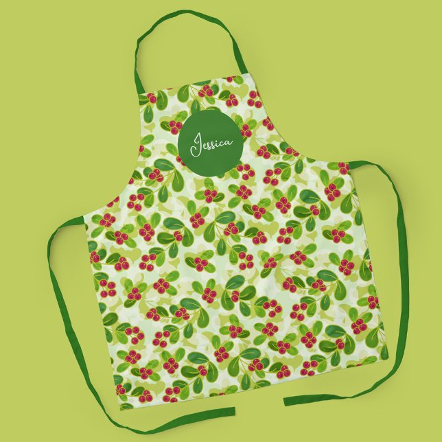 Tablier Festive Motif de fruits de canneberge, vert (Winter Cranberry Apron in Green with Name Apron)
