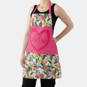 Tablier Fête des Mères, Cœur d'Amour Rose et Motif de Fleu