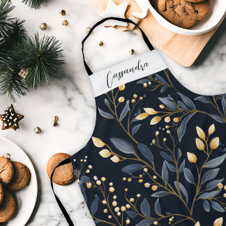 Tablier Feuille de Noël bleu et or moderne