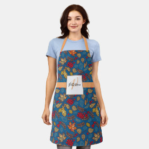 Tablier Feuilles de feuillage bleu avec nom de famille