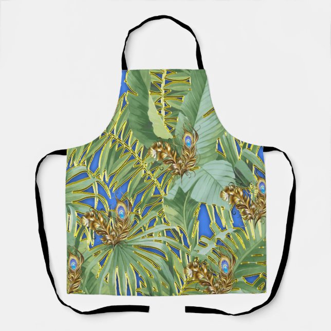 Tablier Feuilles de paon d'or sur Cerulean Blue All Over P (Recto)