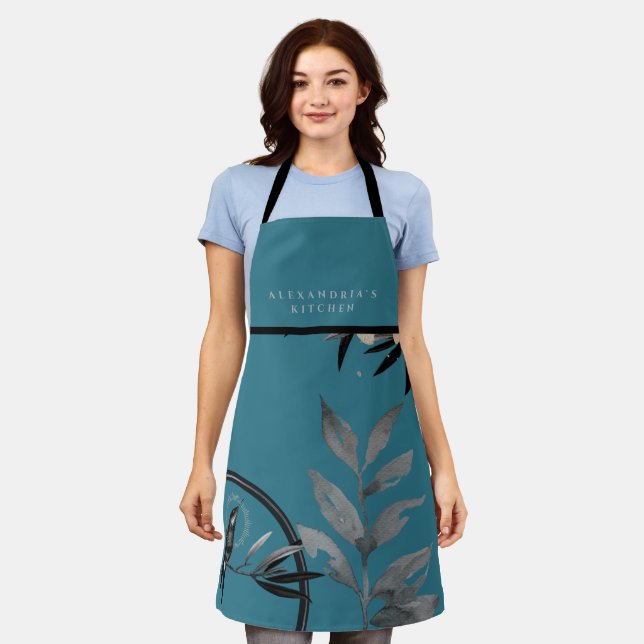 Tablier Feuilles turquoise Aquarelle + Votre nom Cuisine (Porté)