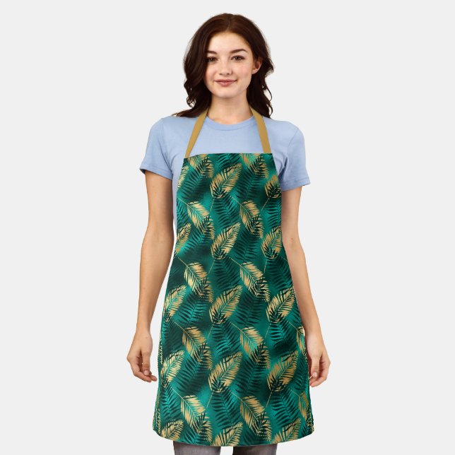 Tablier Feuilles turquoises or et foncé sur motif turquois (Porté)