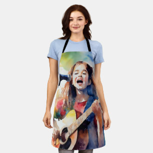 Tablier Fille à l'aquarelle chantant et jouant de la guita