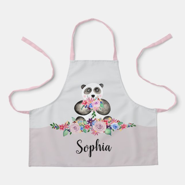 Tablier Filles mignonne Panda Ours Floral et Fleurs Enfant (Recto)