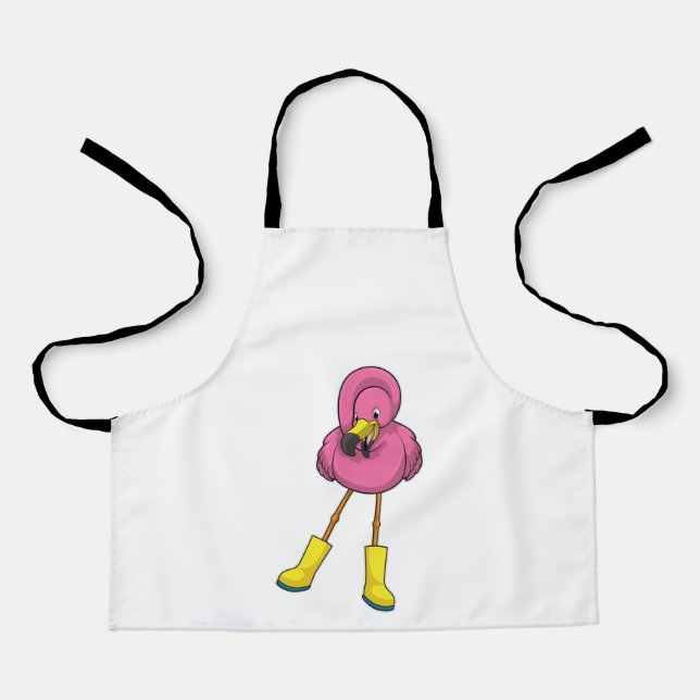 Tablier Flamant rose à la pluie avec bottes en caoutchouc (Recto)