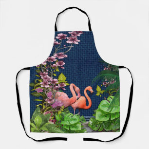 Tablier Flamants roses bleus classiques Feuilles verts
