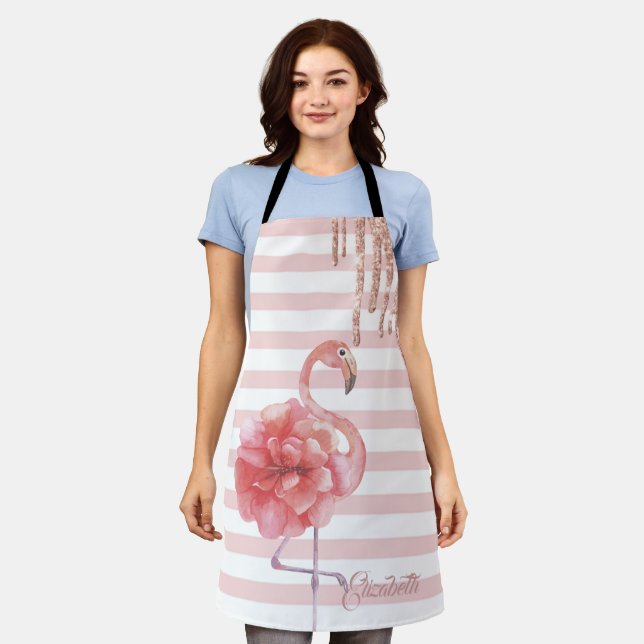 Tablier Flamants roses rose floral, Parties scintillant, b (Porté)