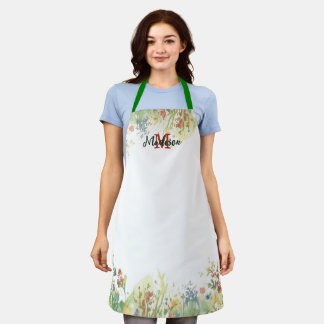 Tablier Fleur élégante de fleur sauvage aquarelle verte