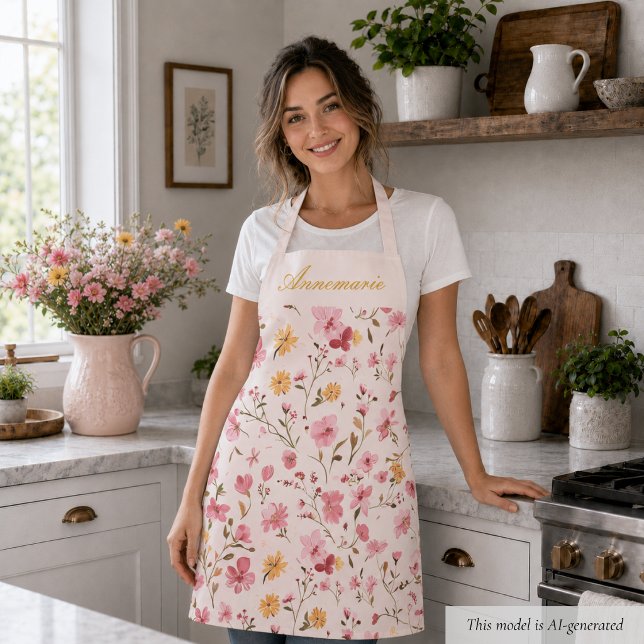 Tablier Fleur rose (sweet girly elegant pink floral wildflower apron with custom monogram name in script calligraphy)