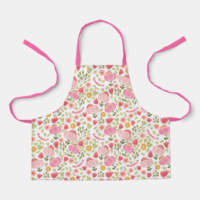 Tablier Fleur rose Nom personnalisé Filles Apron (Recto)