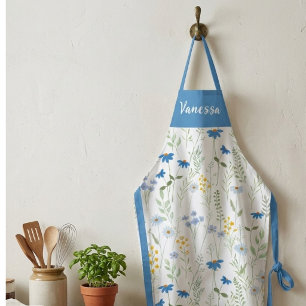 Tablier Fleur sauvage aquarelle bleue nom personnalisé