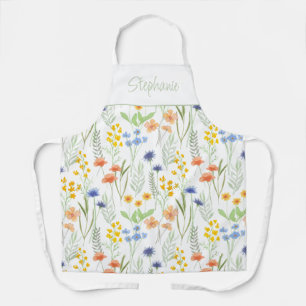 Tablier Fleur sauvage aquarelle jaune vert Nom personnalis