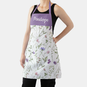 Tablier Fleur sauvage aquarelle rose violet Nom personnali