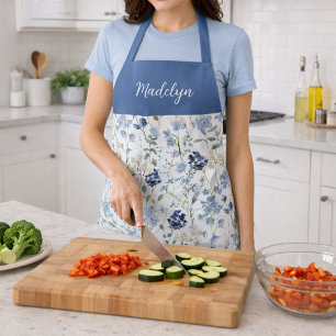 Tablier Fleur sauvage bleu aquarelle nom personnalisé