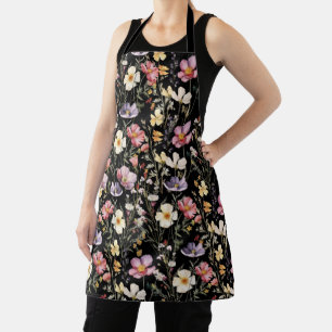Tablier Fleur Sauvage Botanique Aquarelle Florale Noir