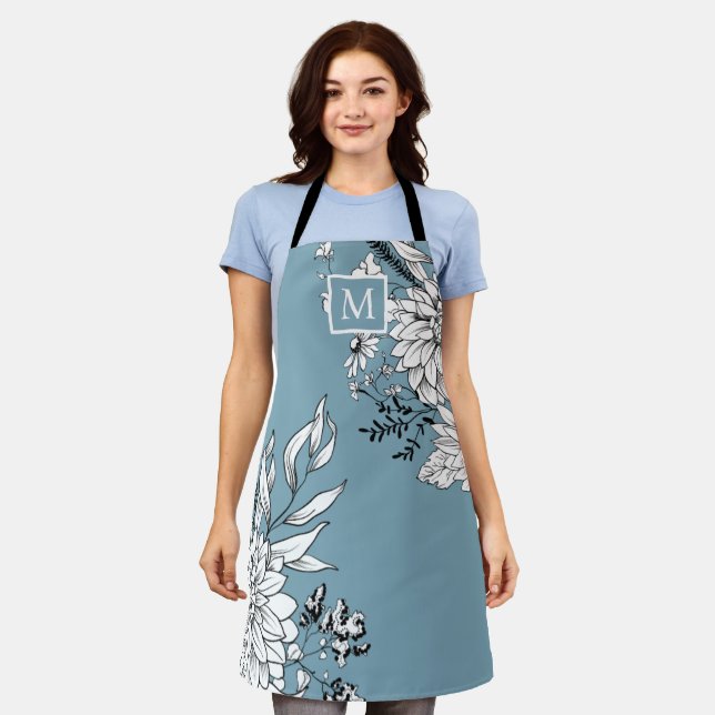 Tablier Fleur sauvage floral Monogramme botanique bleu bla (Porté)