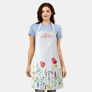 Tablier Fleur sauvage minimaliste monogrammé blanc simple