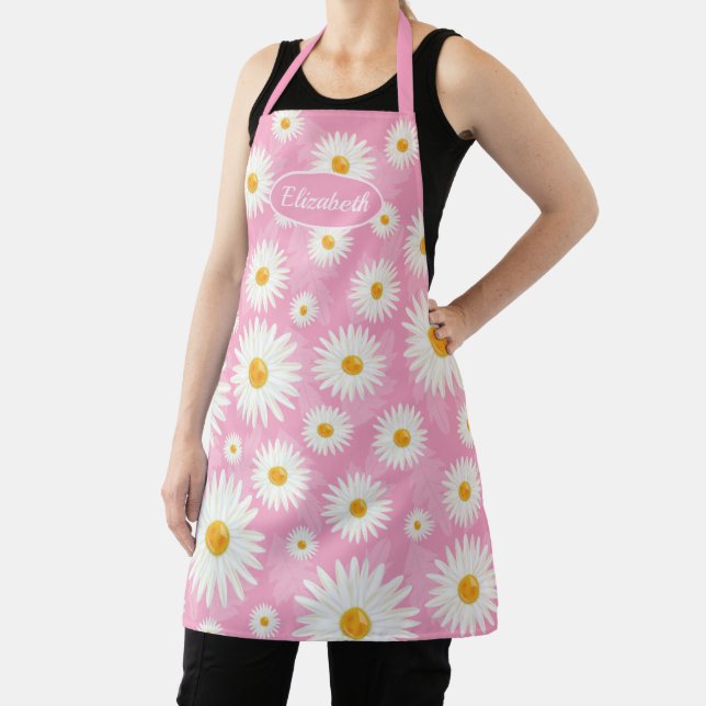 Tablier Fleurs Baisy Blanches Sur Illustration Rose (Insitu)