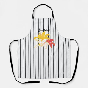 Tablier Fleurs blanches jaunes orange sur noir et blanc