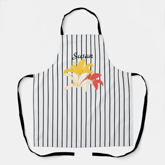 Tablier Fleurs blanches jaunes orange sur noir et blanc (Recto)