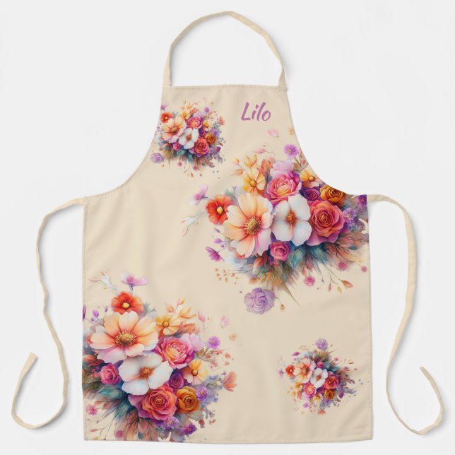 Tablier fleurs, blés, beiges, bouquet, nom ou monogramme (Recto)