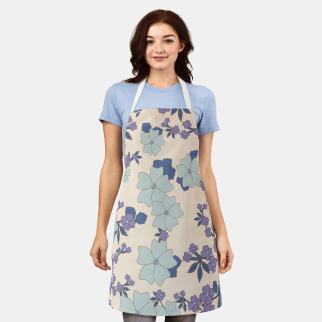Tablier Fleurs Bleues, Fleurs Violettes, Motif Floral (Porté)
