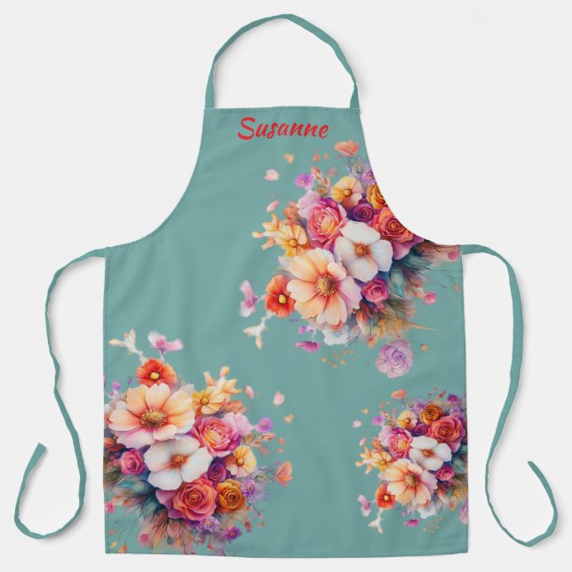 Tablier fleurs, bouquet aqua, couleur (Recto)