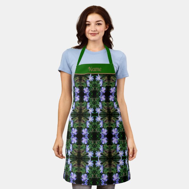 Tablier Fleurs chicorées bleues Abstraites personnalisées (Porté)