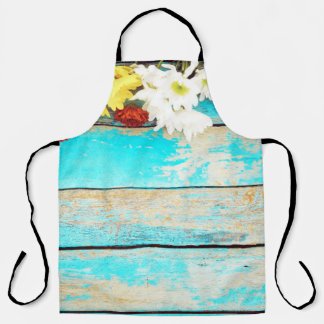 Tablier Fleurs colorées, bordure vintage en bois.