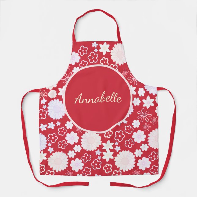 Tablier Fleurs de crème rouge gras Motif floral nommé (Recto)