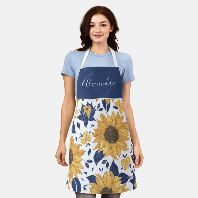 Tablier Fleurs de soleil et bleu marine Personnalisé (Porté)