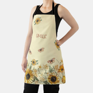 Tablier Fleurs de soleil et papillons sur crème jaune 